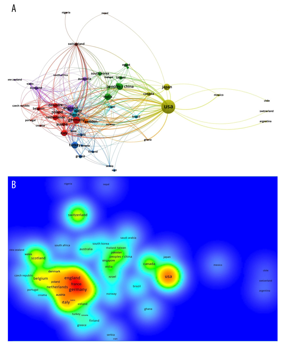 (A) Network visualization map of cluster analysis showing cooperation between countries on inguinal hernia. Colors indicate clustering. The size of the circle indicates the large number of articles. The larger the size of the circle, the more articles the country publishes. Created by VOSviewer (version 1.6.16, Leiden University’s Center for Science and Technology Studies). (B) Density map showing the intensity of international cooperation of countries on inguinal hernia. The strength of international collaboration score increases from blue to red (blue-green-yellow-red). Created by VOSviewer (version 1.6.16, Leiden University’s Center for Science and Technology Studies).