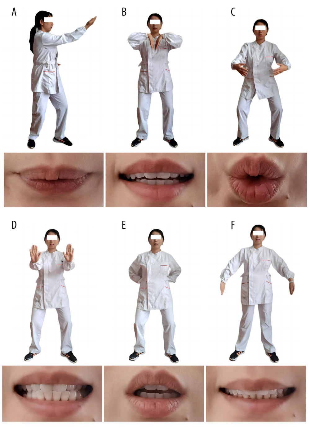 Movement and mouth shape of Liuzijue Qigong in pronunciation. Liuzijue Qigong: (A) movement and mouth shape in pronunciation “XU”; (B) movement and mouth shape in pronunciation “HE”; (C) movement and mouth shape in pronunciation “HU”; (D) movement and mouth shape in pronunciation “SI”; (E) movement and mouth shape in pronunciation “CHUI”; and (F) movement and mouth shape in pronunciation “XI”.