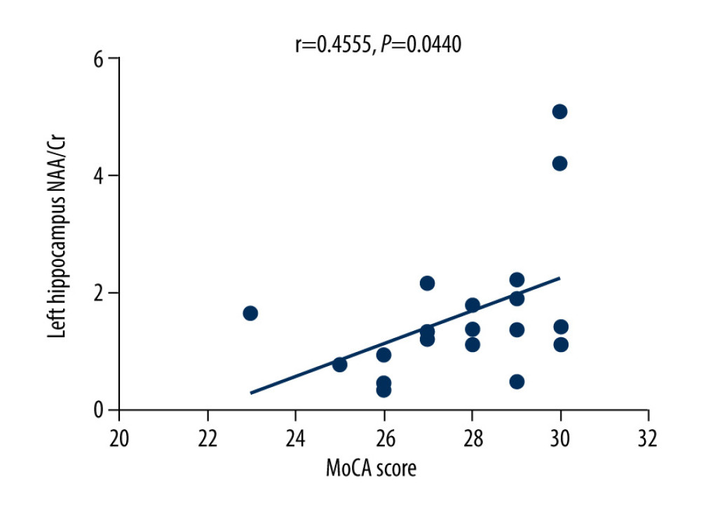 There was a positive correlation between Montreal Cognitive Assessment score and NAA/Cr ratio in the left hippocampus in the control group (r=0.4555, P=0.0440).