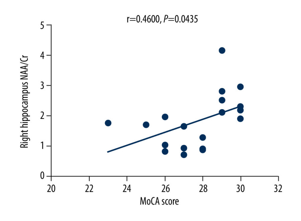 There was a positive correlation between Montreal Cognitive Assessment score and NAA/Cr ratio in the right hippocampus in the control group (r=0.4600, P=0.0435).