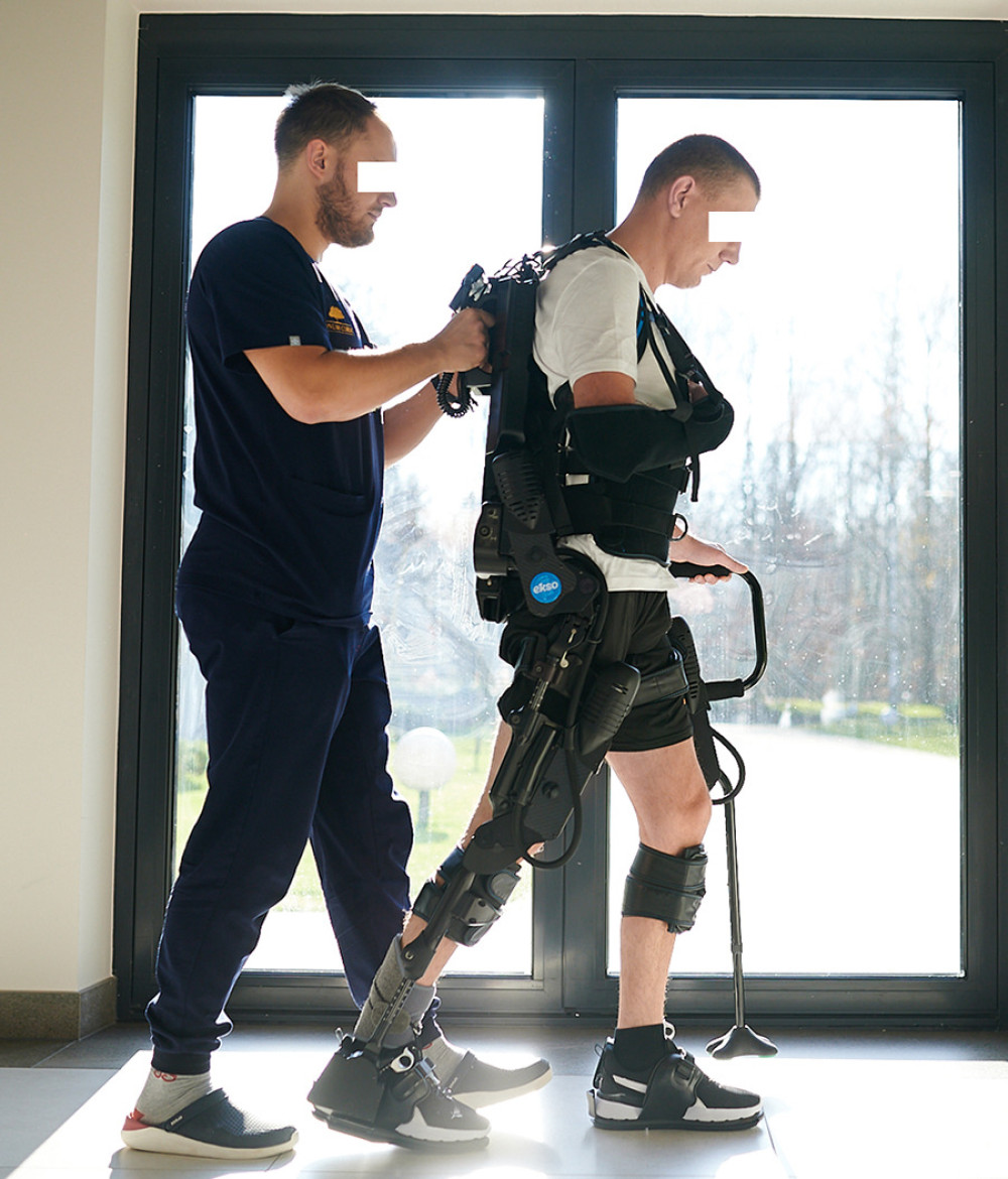 Robotic Exoskeleton gait training with a physical therapist.