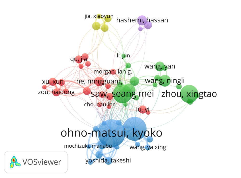 Cooperation map of authors of studies on HM. The bubble’s size corresponds to a researcher’s influence. A denser connecting line between the bubbles indicates more collaboration between the authors. Scholars sharing the same color focus on similar research themes. Threshold: A minimum of 25 documents/citations per author and a clustering resolution of 0.3. Produced using VOSviewer (version 1.6.19, Leiden University, Leiden, Netherlands).