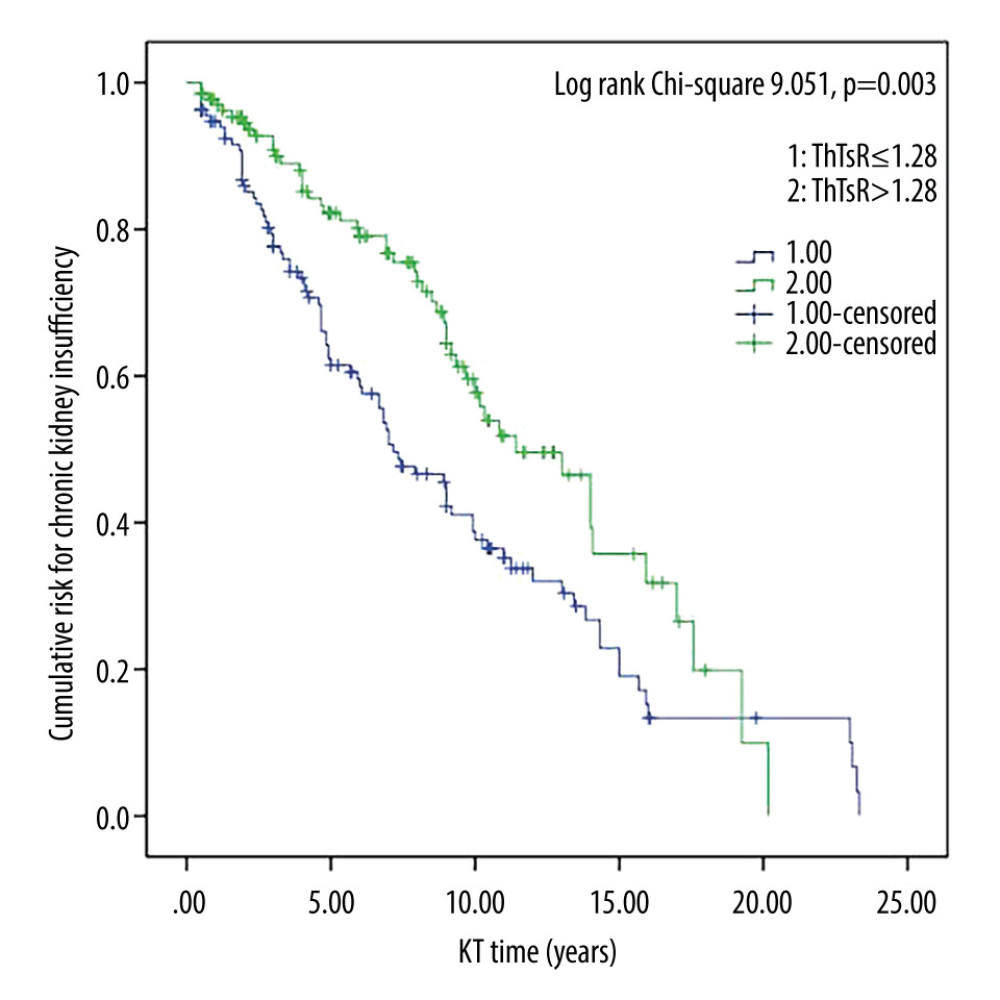 Survival curves for CD4+/CD8+ T-cell ratio and chronic kidney insufficiency in kidney transplant recipients. Cumulative risk for chronic kidney insufficiency as a function of time (years) since kidney transplant. ThTsR – CD4+/CD8+ T-cell ratio; KT – kidney transplant.