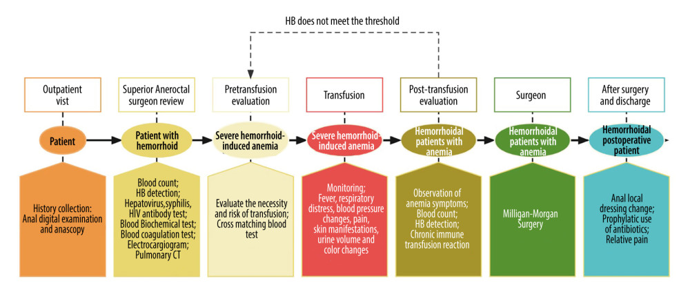A uniform procedure for the treatment of patients with hemorrhoidal severe anemia. Software: Process On online flowchart, 1st version, Beijing Damadi Information Technology Co, Ltd.