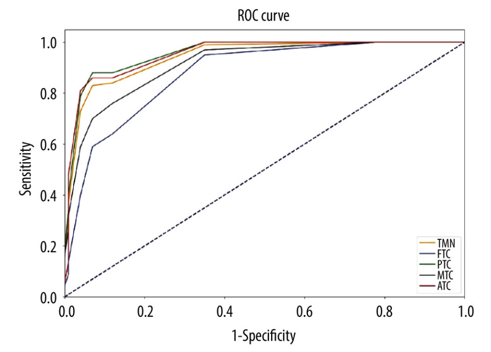 Comparison of the ROC curves of thyroid malignant nodules and different pathological types.TMN – total malignant nodules; FTC – follicular thyroid carcinoma; PTC – papillary thyroid carcinoma; MTC – medullary thyroid carcinoma; ATC – anaplastic thyroid carcinoma.