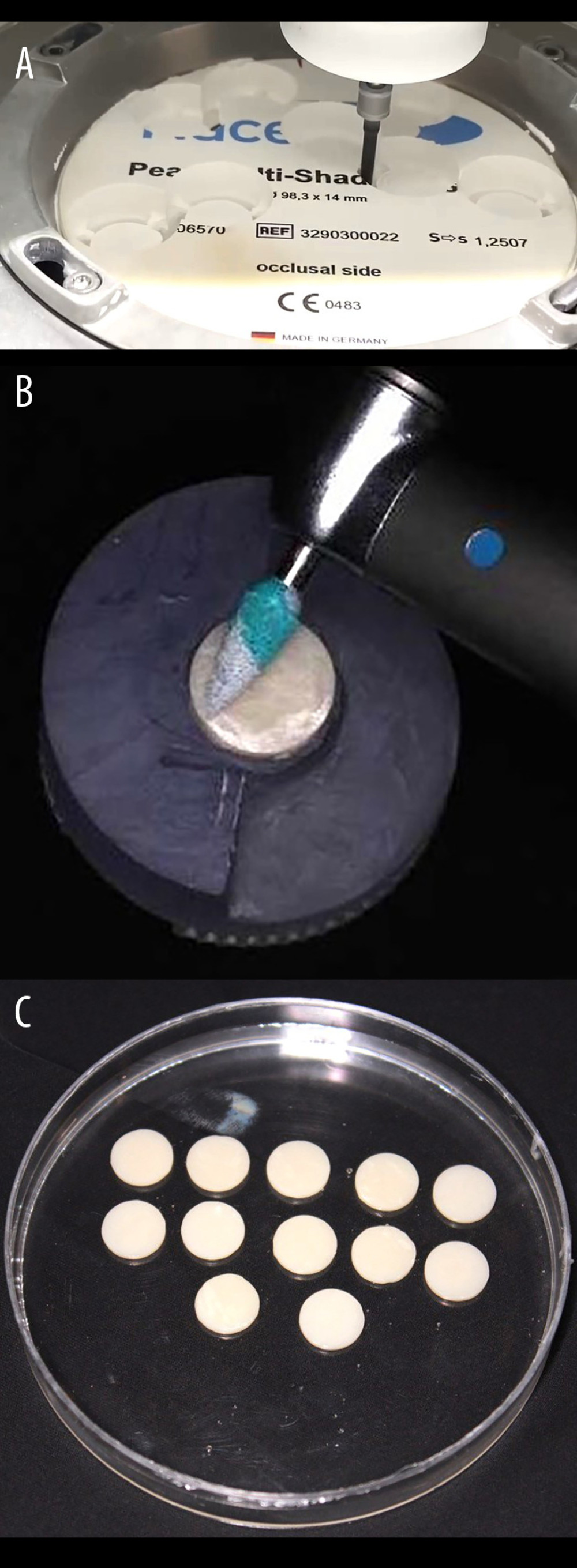 (A) Exemplary disk-shaped specimen preparation from a block of concerned monolithic zirconia ceramic prior to sintering. (B) Exemplary surface adjustment of the adjustment kit on the surface of the specimen prior to polishing with the respective adjustment kit. (C) Finished and polished specimens of a particular individual group before measurement of color and translucency parameter. Photograph taken using a digital single-lens reflex (DSLR) camera (Canon EOS 700D) with 100 mm macro lens) with/without ring flash.