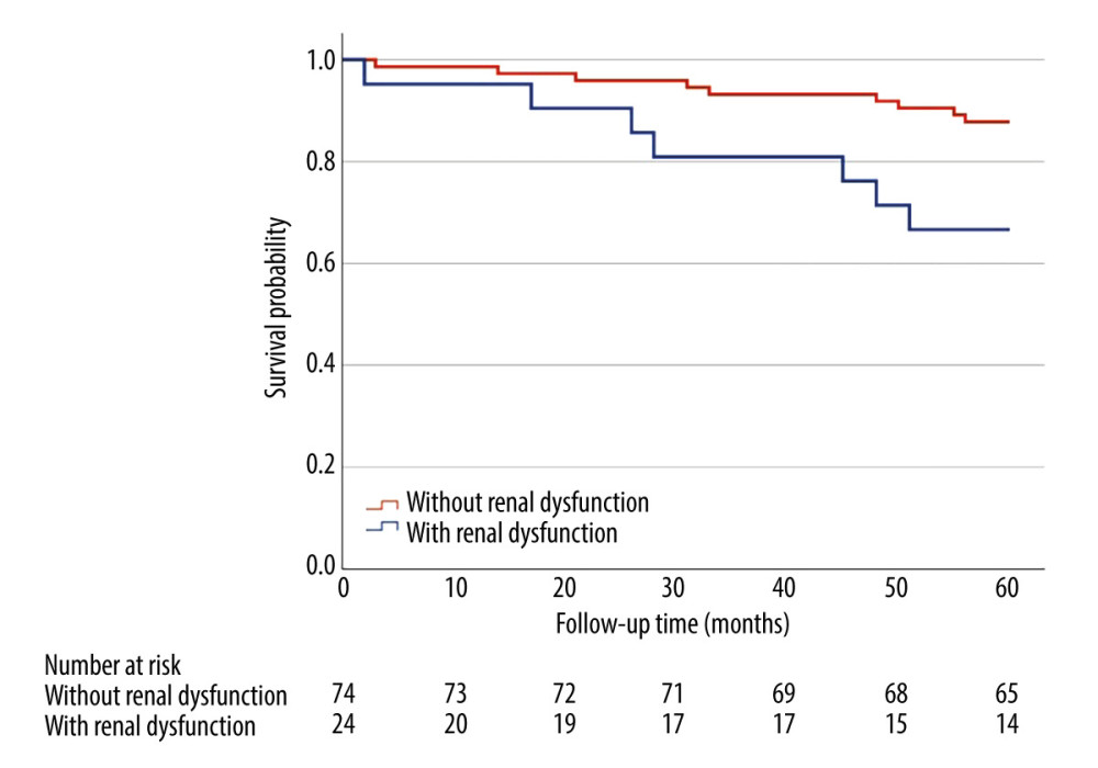 Kaplan-Meier curve for overall survival (months) comparing patients (n=95) with renal dysfunction (estimated glomerular filtration rate 45–60 ml/min/1.73 m2) and without renal dysfunction (estimated glomerular filtration rate >60 ml/min/1.73 m2). Presence of mild-to-moderate renal dysfunction, in 5-year follow-up was associated with higher all-cause mortality (33.3% vs 12.2%, HR=3.16, 95%CI [1.18, 8.51], P=0.016) in multivariate analyses adjusted for age and sex. Log-rank P=0.016.