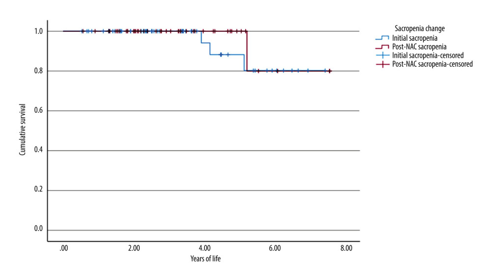 Kaplan-Meier survival curve for OS for disease-free survival according to sarcopenia change status. No statistical difference was found between patients with pre-NAC sarcopenia and post-NAC sarcopenia. We used the SPSS 29.0 software package (IBM Corp., Armonk, NY) to draw this figure. OS – overall survival; NAC – neoadjuvant chemotherapy.