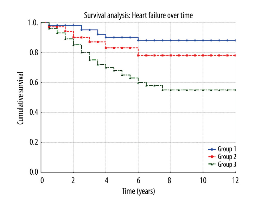 Heart failure survival over time. Kaplan-Meier plot shows cumulative survival probabilities for patients grouped by LAVI and RAVI status: no difference between the 2 groups (Group 1), 1 atrial enlargement (Group 2), and both atrial enlargement (Group 3).