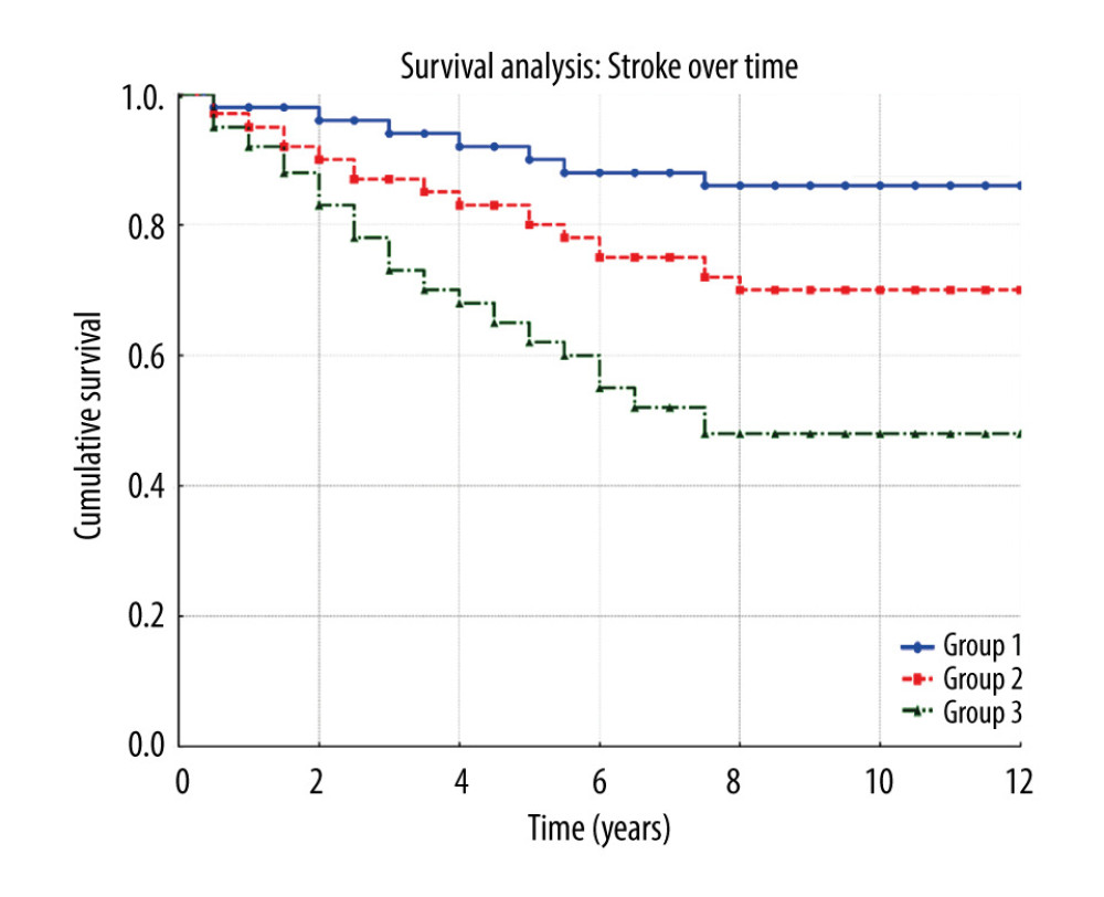 Stroke survival over time. Kaplan-Meier plot displays survival probabilities for patients based on LAVI and RAVI status: no difference between 2 groups (Group 1), 1 atrial enlargement (Group 2), and both atrial enlargement (Group 3).
