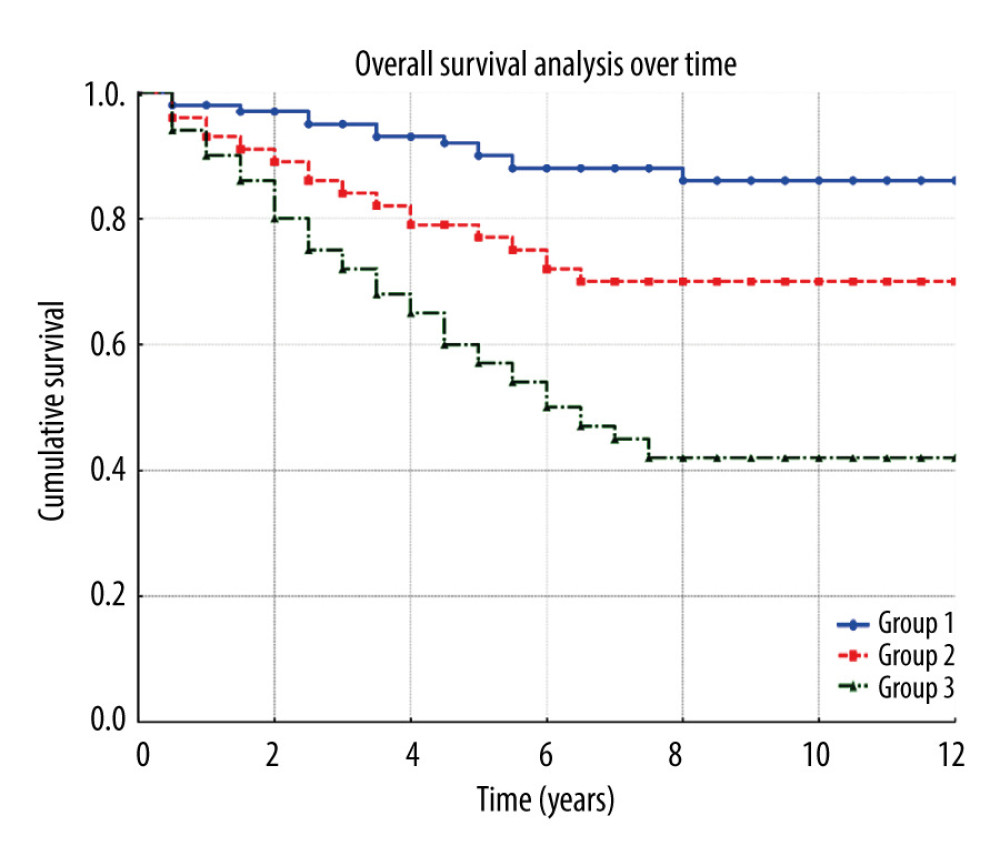 Overall survival over time. Kaplan-Meier plot presents survival probabilities over time for patients categorized by LAVI and RAVI status: no difference between the 2 groups (Group 1), 1 atrial enlargement (Group 2), and both atrial enlargement (Group 3).