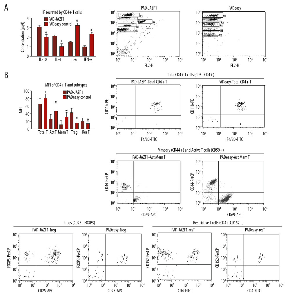 Cell populations and secretion of inflammatory factors by mouse CD4+ T cells and subtypes in co-culture conditions. (A) Inflammatory factors secreted by CD4+ T cells. Flow cytometry results for IL-6 (gate R3), IL-10 (gate R4), IFN-γ (gate R5), and IL-4 (gate R6) in each group. (B) Mouse CD4+ T cells and their subtypes. Values are presented as means±SEM (n=6/group). * P<0.05 vs. the pAdEasy control group.