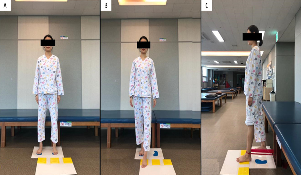 Cognitive task training program (A: starting position, B: performed without elastic bands, C: performed with elastic bands).