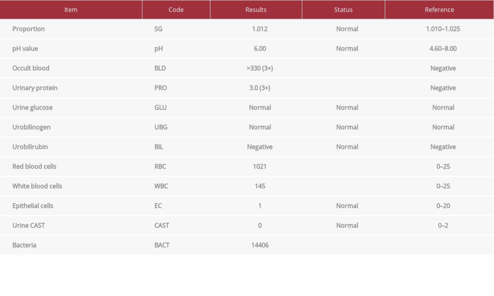 Results of urine tests on admission to West China Hospital (some items are not shown).