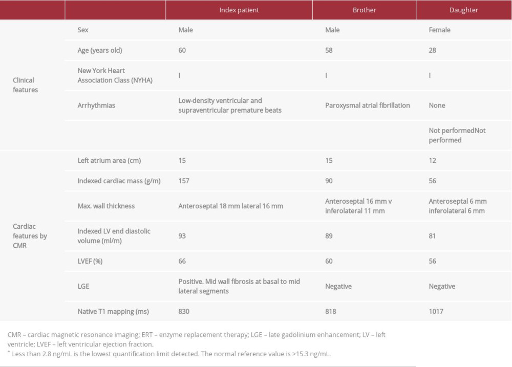 The main clinical and cardiac features by cardiac magnetic resonance imaging in 3 family members with late-onset Anderson-Fabry disease and the same p.F113L pathogenic mutation.