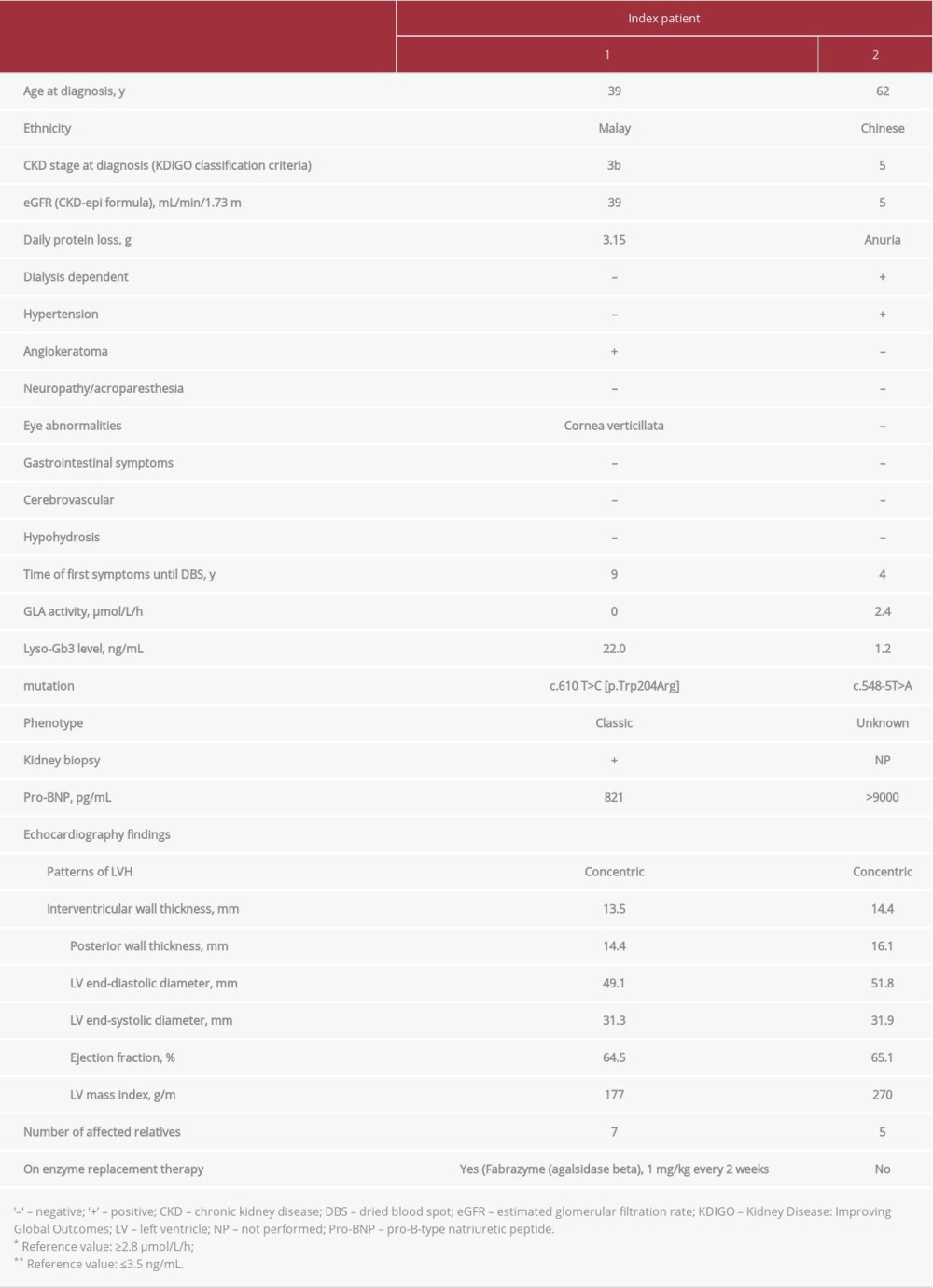 Diagnosis, characteristics, and clinical presentation of index patients with Fabry disease.