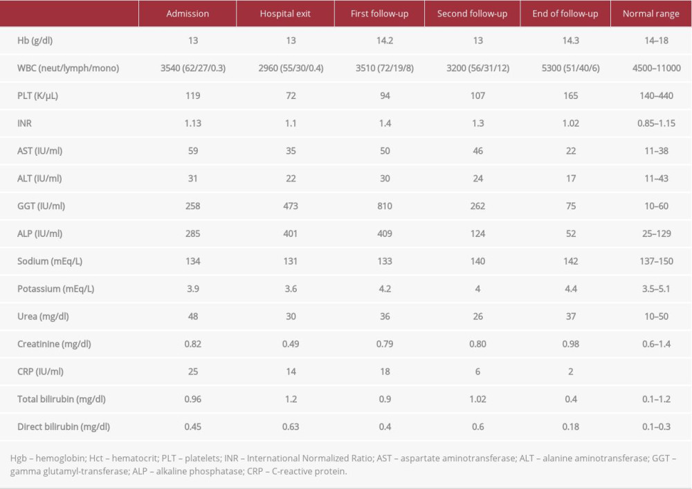 Laboratory results on admission and throughout the follow-up period. Time-points of follow-up as follows: “First follow-up” at one month after hospital discharge, “second follow-up” at one month after levofloxacin initiation and “end of follow-up” at 3 months after treatment completion.