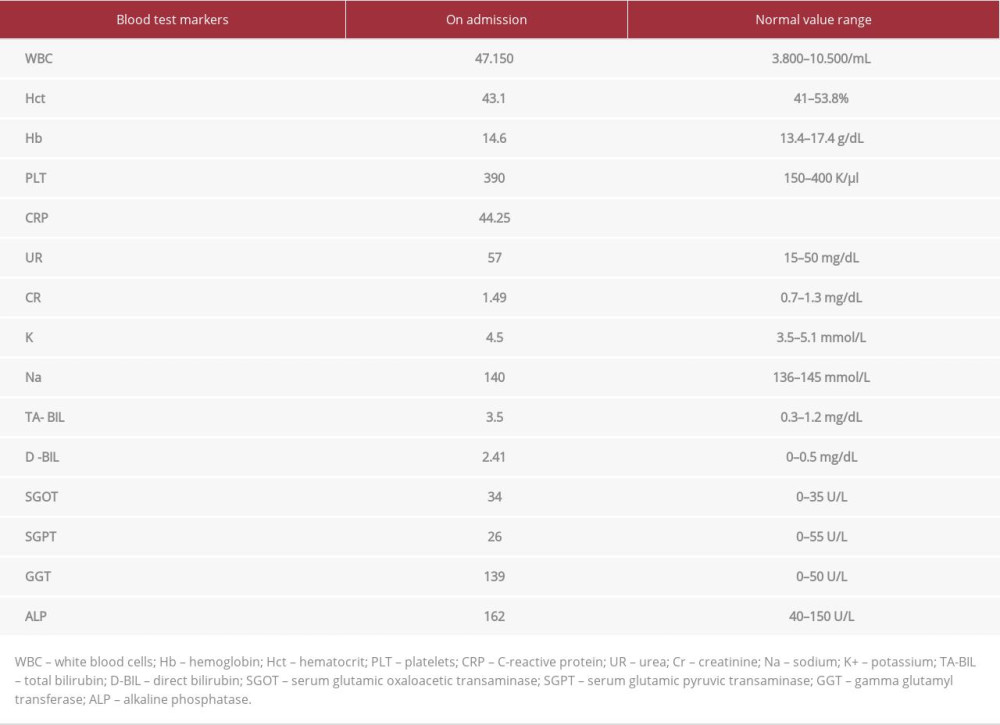 Blood test results on admission.