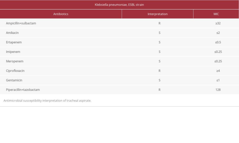 Tracheal aspirate MIC Klebsiella pneumoniae, ESBL strain.