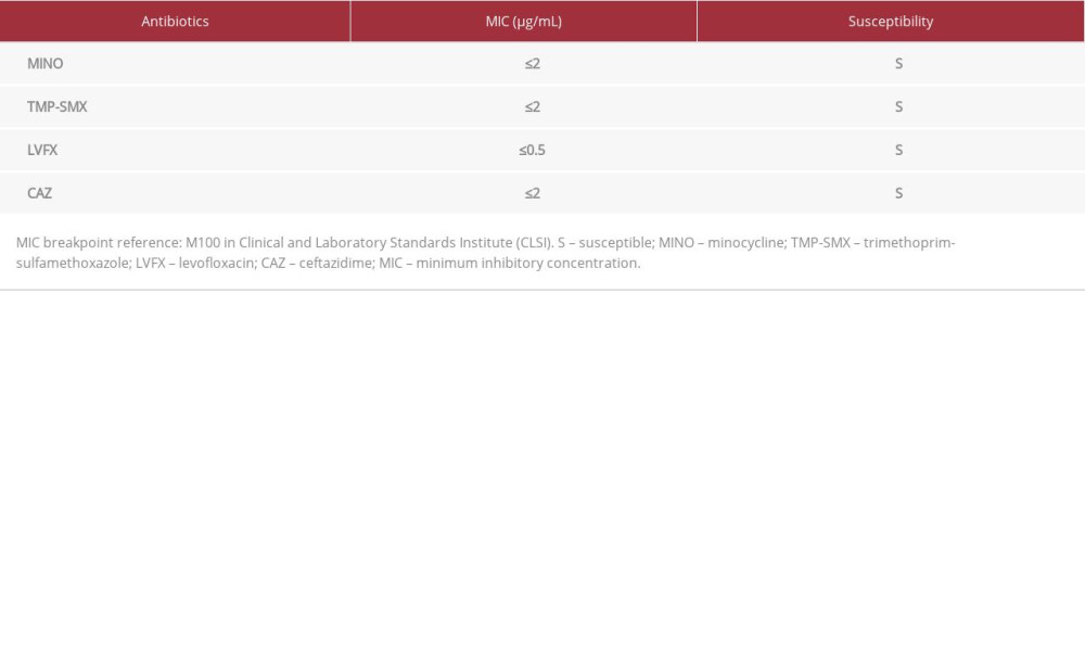 MINO, TMP-SMX, LVFX, and CAZ were susceptible to Stenotrophomonas maltophilia.