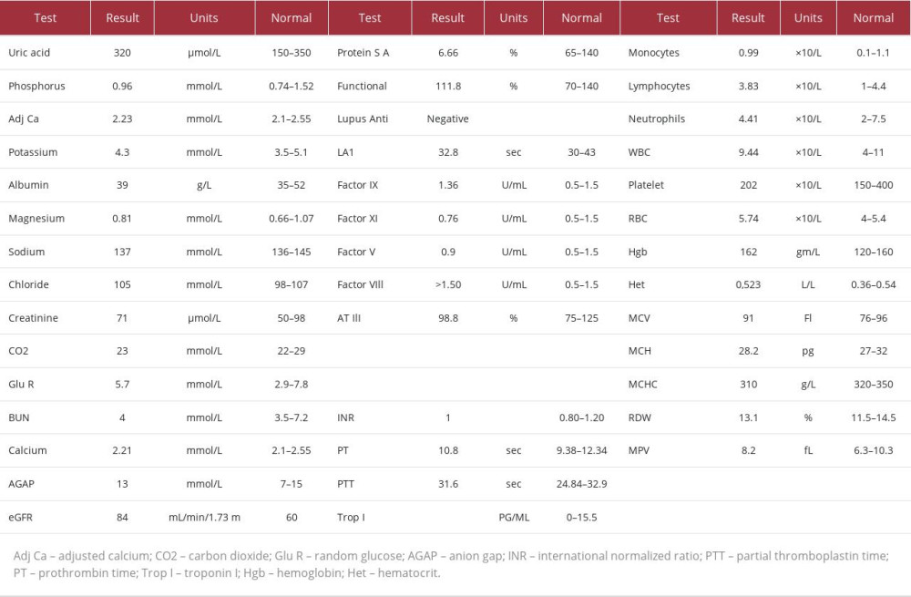 The patient’s laboratory test results, which were unremarkable except for positive D-dimer and fibrinogen.