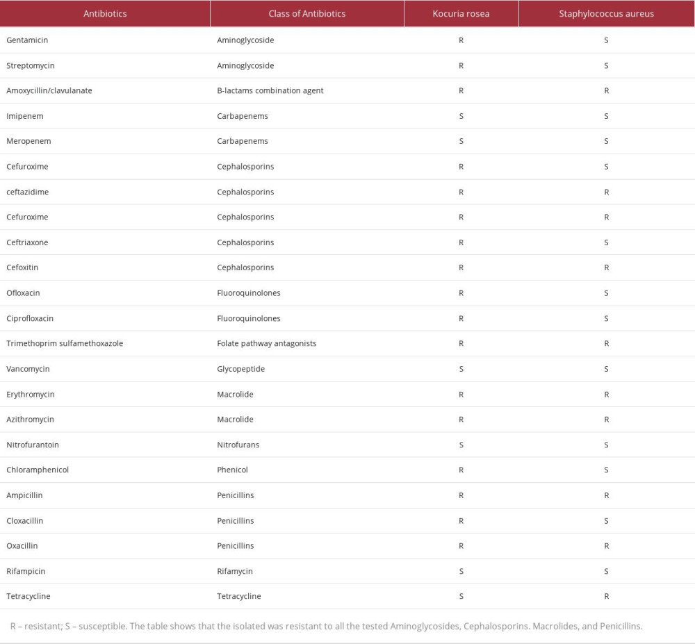 Antibiotics Susceptibility Profile of the isolated methicillin-resistant Staphylococcus aureus and Kocurea rosea.