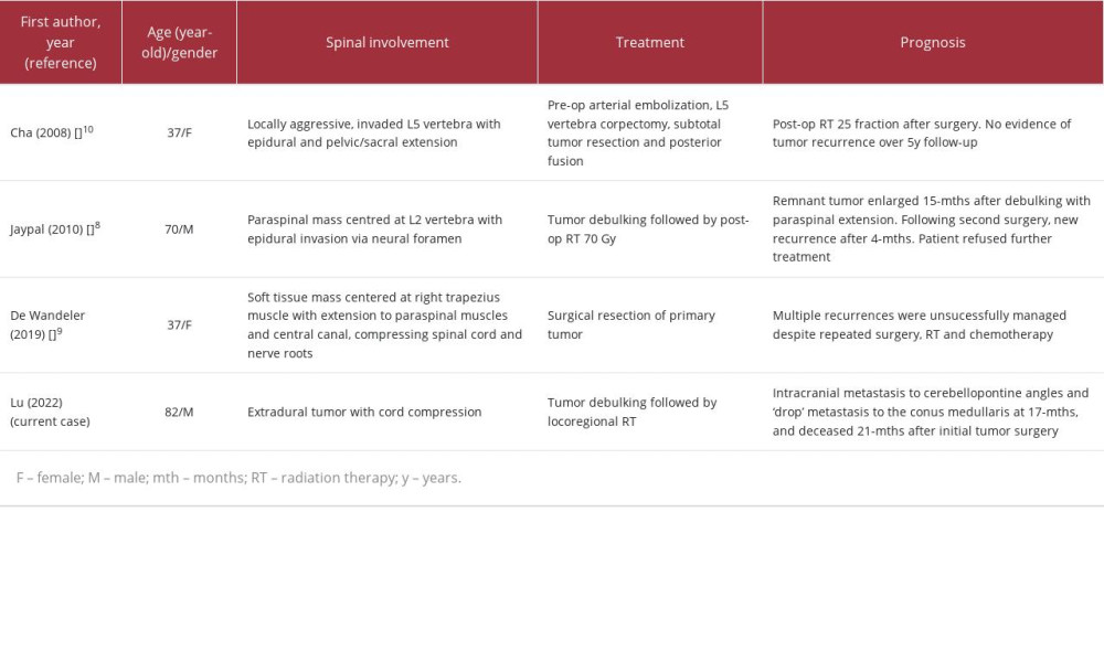 Summary of previous cases of spinal ossifying fibromyxoid tumors (OFMT) reported in the literature.