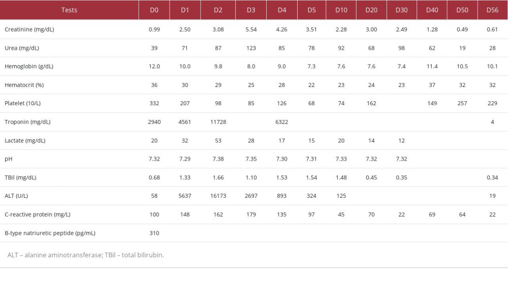 Test results throughout the clinical course.