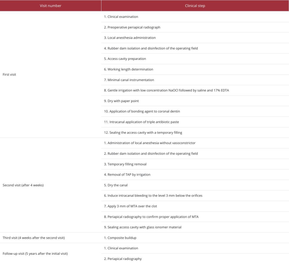 Checklist of the REP clinical steps performed to treat an immature mandibular molar with necrotic pulp and apical periodontitis.