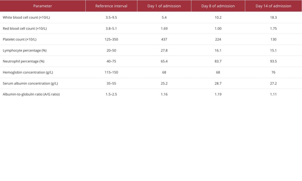 Relevant blood test results during hospitalization.