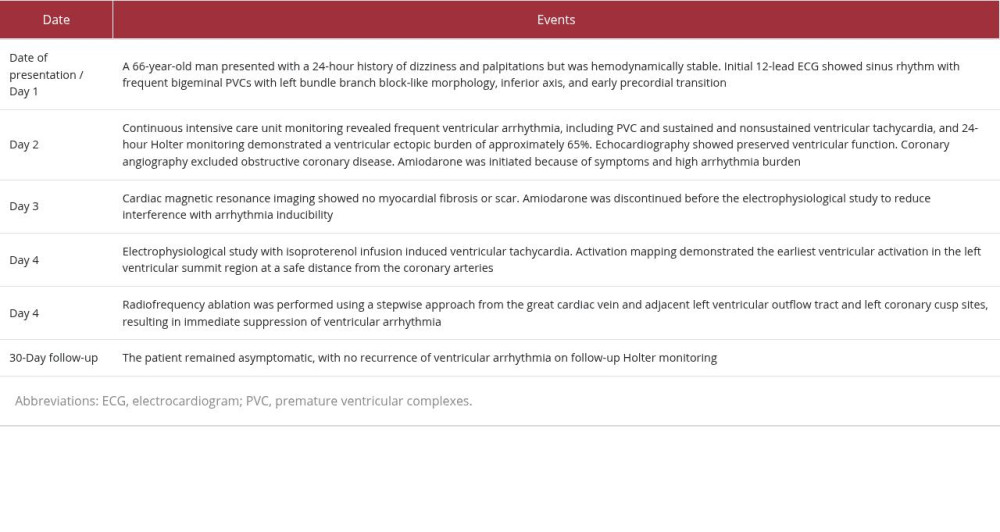 Chronological timeline of presentation, diagnostic evaluation, ablation therapy, and follow-up.