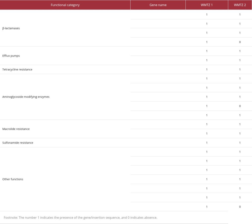 Resistance genes and insertion sequences detected in WMTZ1 and WMTZ2.