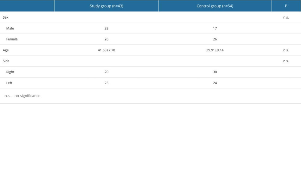 Comparisons between the 2 groups were made under several parameters, including age, sex, and leg side.