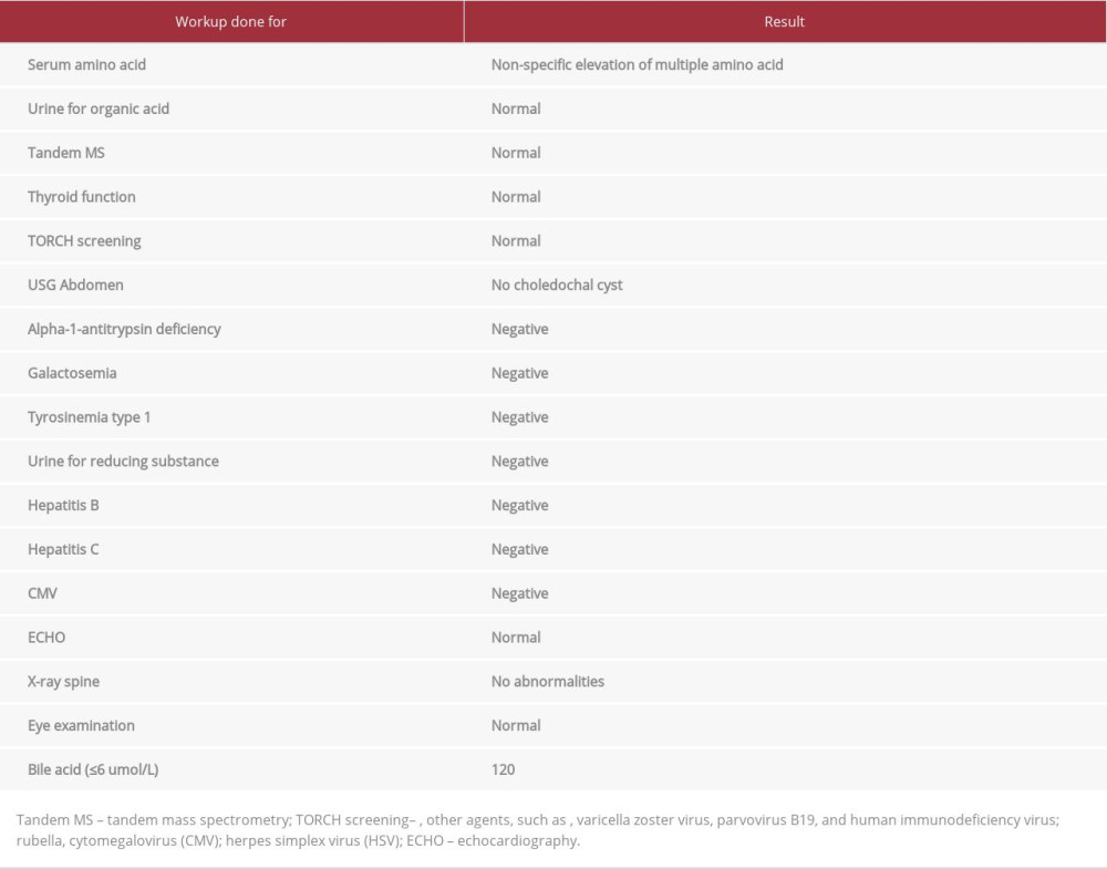 Laboratory workup for neonatal cholestasis.