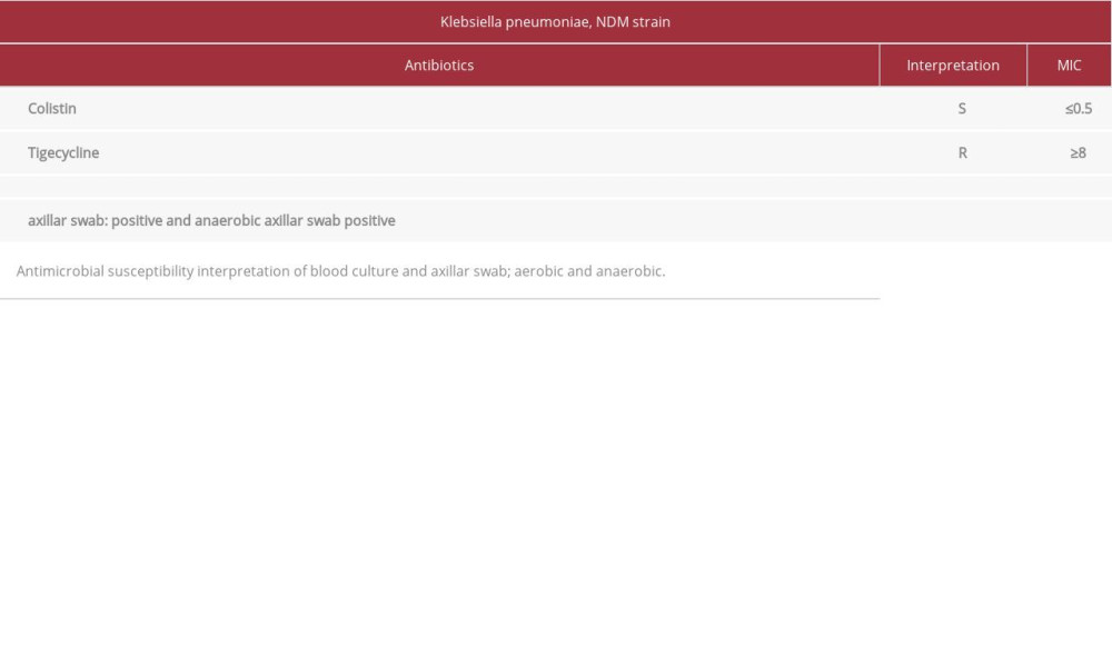 Blood culture and axillar swab MIC Klebsiella pneumoniae, NDM strain.