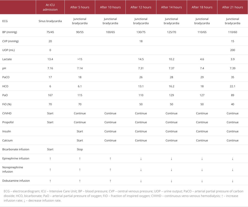 The clinical course of the patient during treatment on day 1.