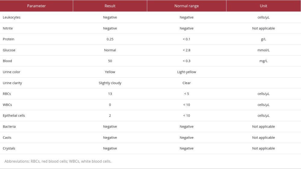 Patient urinalysis results.