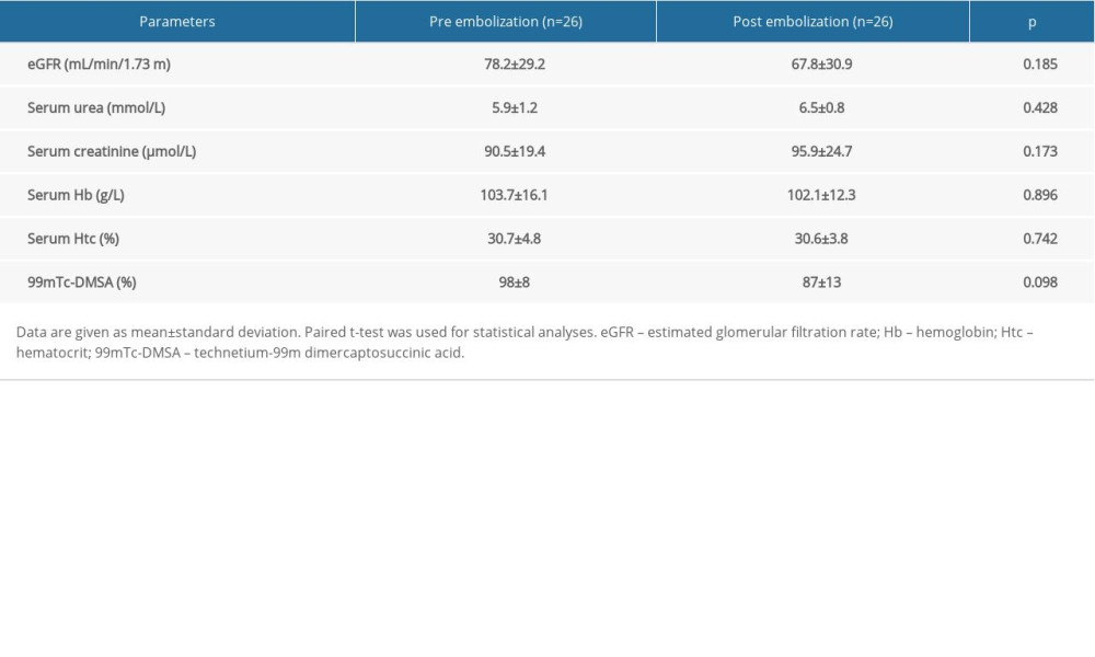 Comparison of pre- and postprocedural estimated glomerular filtration rate (eGFR), serum parameters, and technetium-99m dimercaptosuccinic acid (99mTc-DMSA).