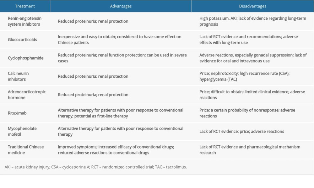 A summary of the advantages and disadvantages of various treatment approaches for idiopathic membranous nephropathy in China.