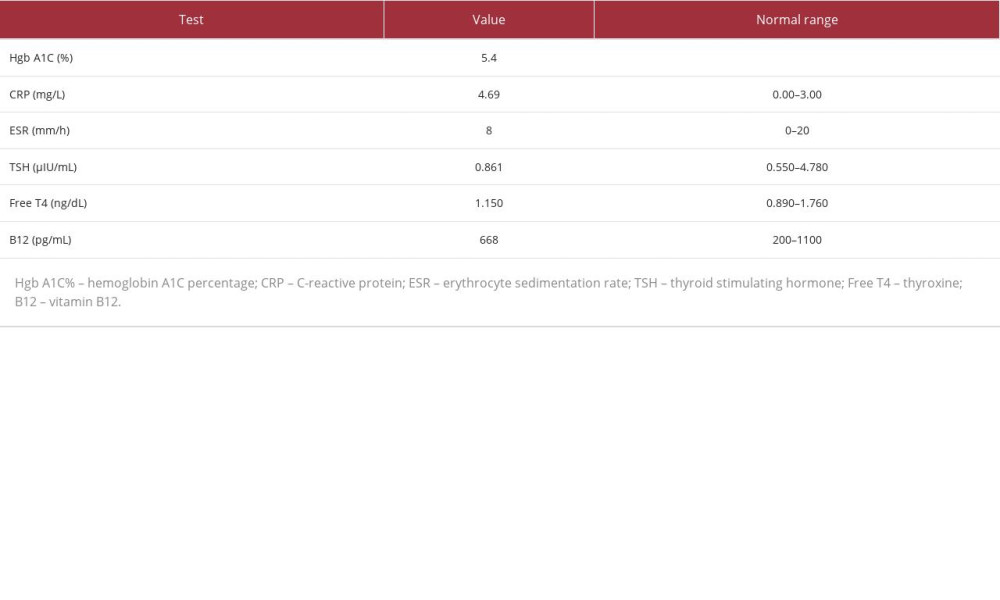 Hemoglobin A1C percentage, C-reactive protein, erythrocyte sedimentation rate, thyroid stimulating hormone, free thyroxine (T4), and vitamin B12 levels. The table shows the values of tests performed to examine the patient’s diabetes status, determine the body’s inflammatory state (CRP, ESR), and rule out secondary causes of muscle weakness and imbalance (hypothyroidism and low vitamin B12 levels). The patient’s test results were normal except for CRP, with values indicative of an autoimmune process.