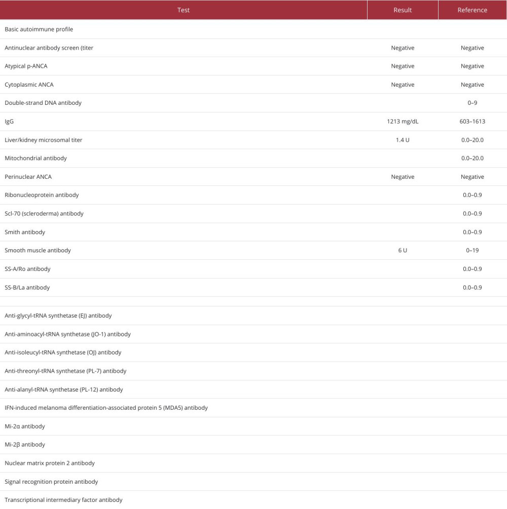 Autoimmune testing performed during hospital admission and outpatient follow-up.