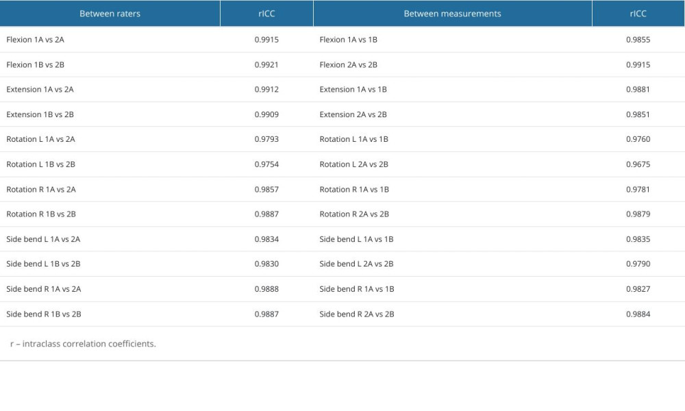 ICC results for comparisons between the raters, and between the measurements performed by the same rater.